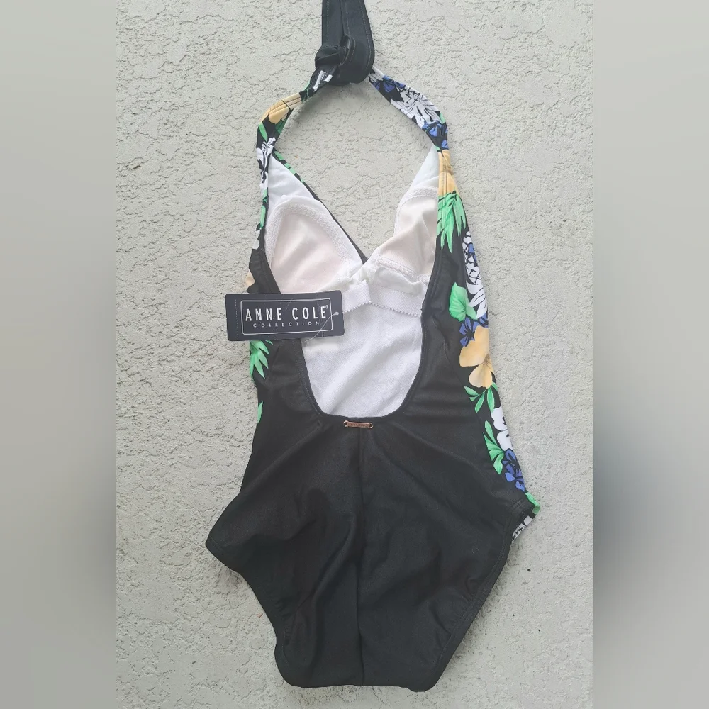 Vintage Anne Cole Black Floral Halter One-Piece Swimsuit